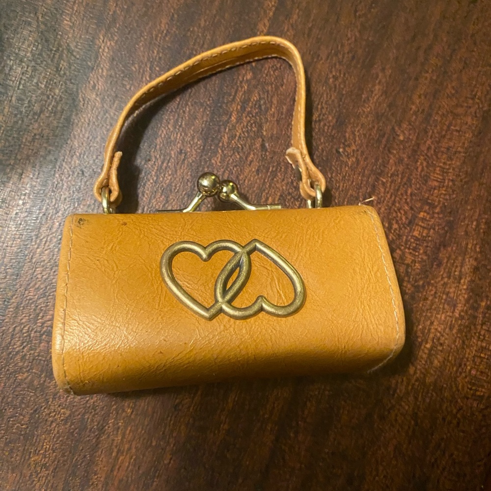Vintage Tan Heart Accent Mini Handbag Lipstick Holder, chain purse.